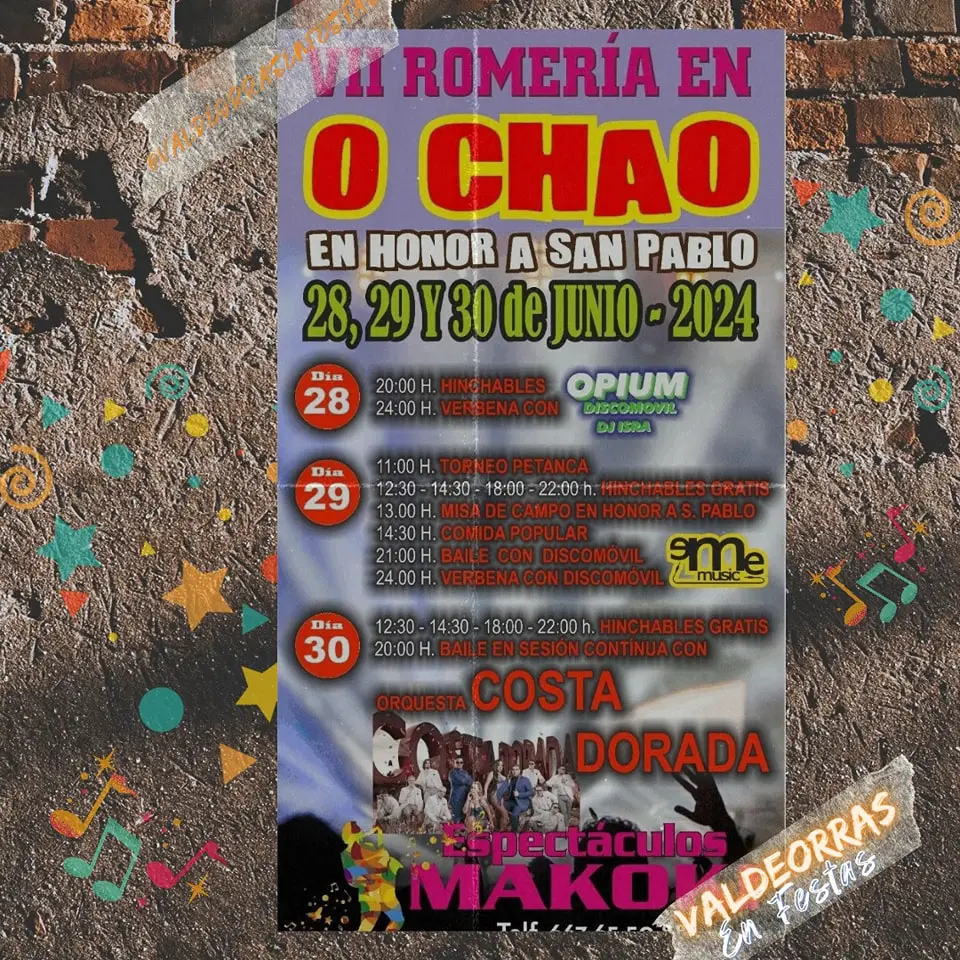 Fiesta Romería en O Chao 2024. Programación destacada de las fiestas con diversas actividades y eventos. Fechas del 28 al 30 de junio