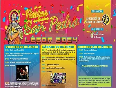 Fiestas de Lébor en honor a San Pedro 2024. Se celebra este próximo fin de semana, ofreciendo una rica variedad de actividades musicales.